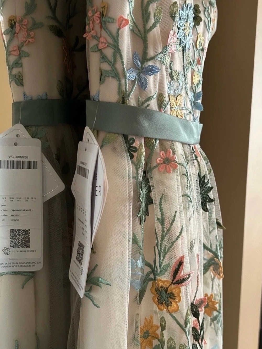 Azazie Champagne Floral Maxi Dress with Green Sash - Picture 4 of 10